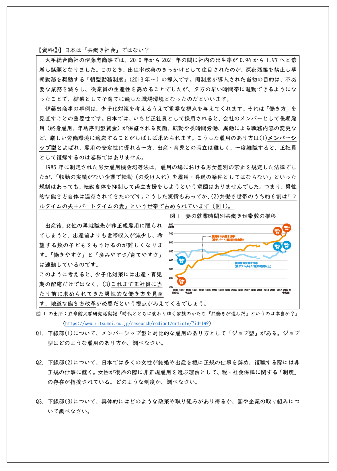 少子化対策に関して働き方改革からの視点を示した資料